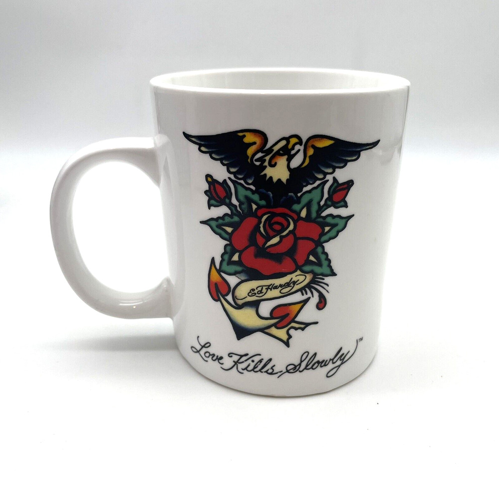 EUC 2008 Ed Hardy 'Love Kills Slowly' Skull & Crossbones Eagle Roses White Mug